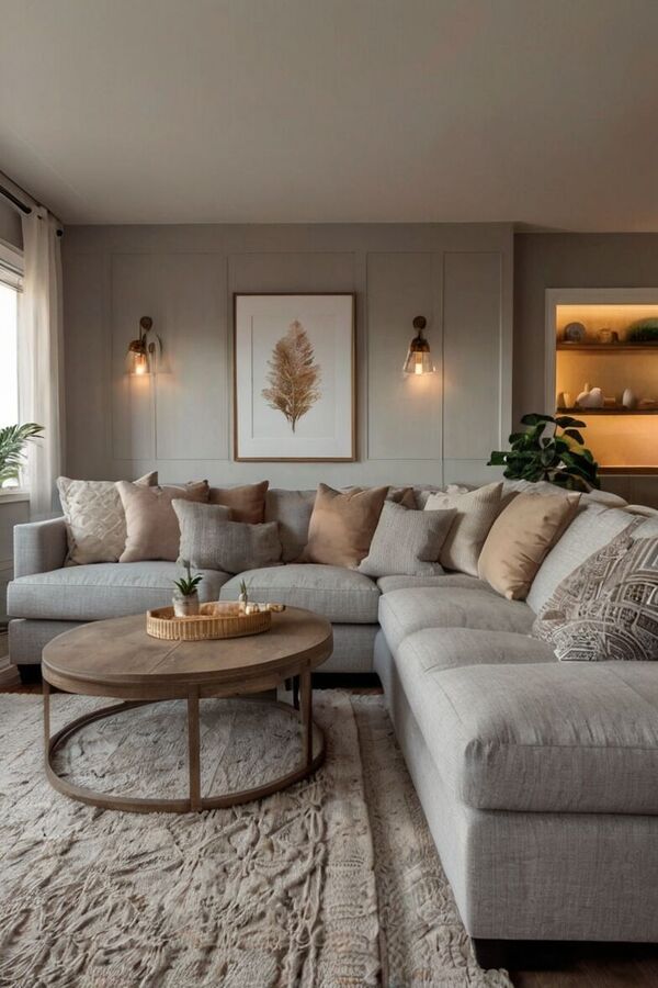 A cozy living room scene with warm neutral tones